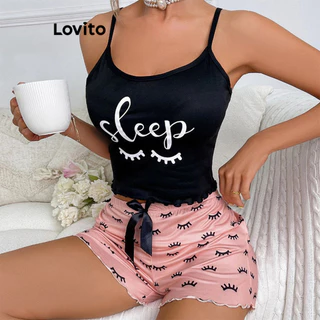 Lovito Conjunto de pijama casual Heartshape Padrão Bow Colorblock para mulheres LNE74533