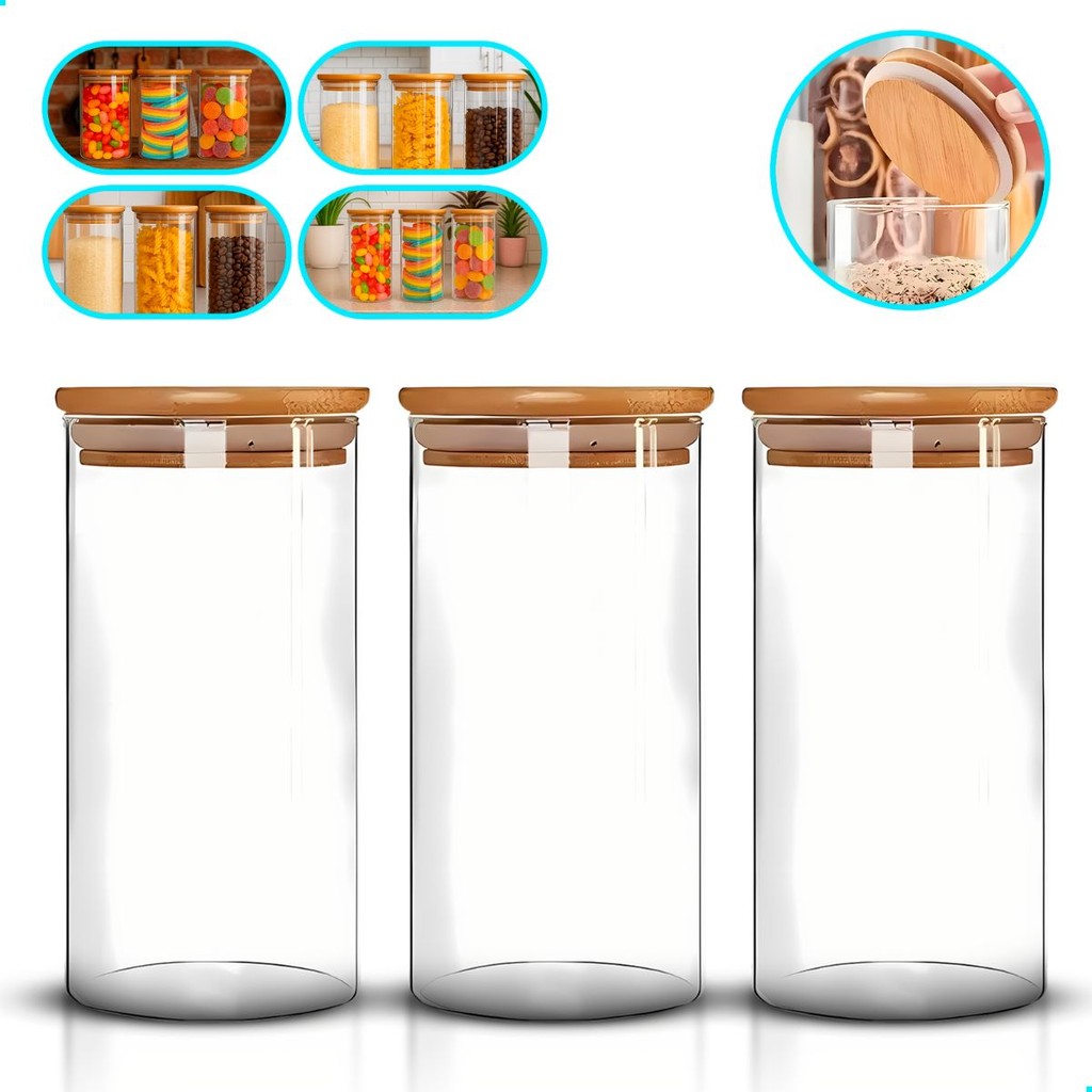 Kit 3 Pote Hermético Vidro Tampa Bambu 1000ml Mantimentos Transparente