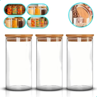 Kit 3 Pote Hermético Vidro Tampa Bambu 1000ml Mantimentos Transparente