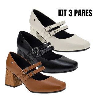 KIT 3 Pares Sapato Scarpin Feminino Boneca com Fivela Bico Quadrado Salto Bloco Grosso Croco 2861