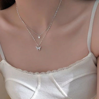 Colar de Borboleta Diamantada Dupla Camada Mulher All-Match Simples