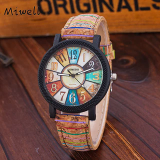 Relógio Miwell De Madeira Rotativo Para Senhoras Retro Riscado De Couro Casual Mulheres WH0102-68