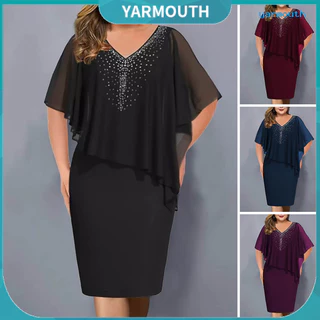 YYR-- Vestido De Festa Feminino De Pescoço Em V Manga Curta Cor Sólida Irregular Rhinestone Decor Dress-up Bodycon Plus Tamanho Chiffon Lady Banquet