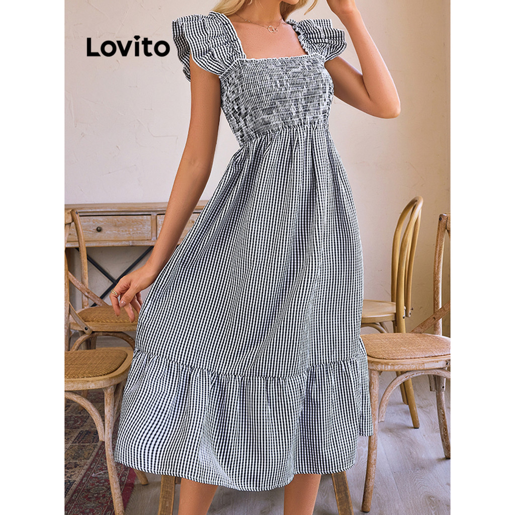 Lovito Vestido Boho xadrez com babados e bainha para mulheres LBL15433