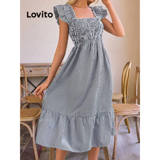 Lovito Vestido Boho xadrez com babados e bainha para mulheres LBL15433