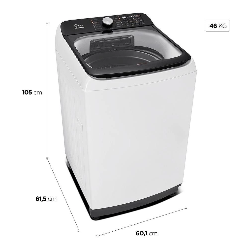 Medidas da lavadora de roupas Midea 15Kg branca e preta
