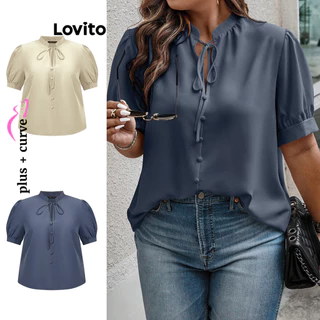 Lovito Plus Size Blusa Feminina Elegante Lisa de Amarrar com Botão e Gola de Babados LBL09414