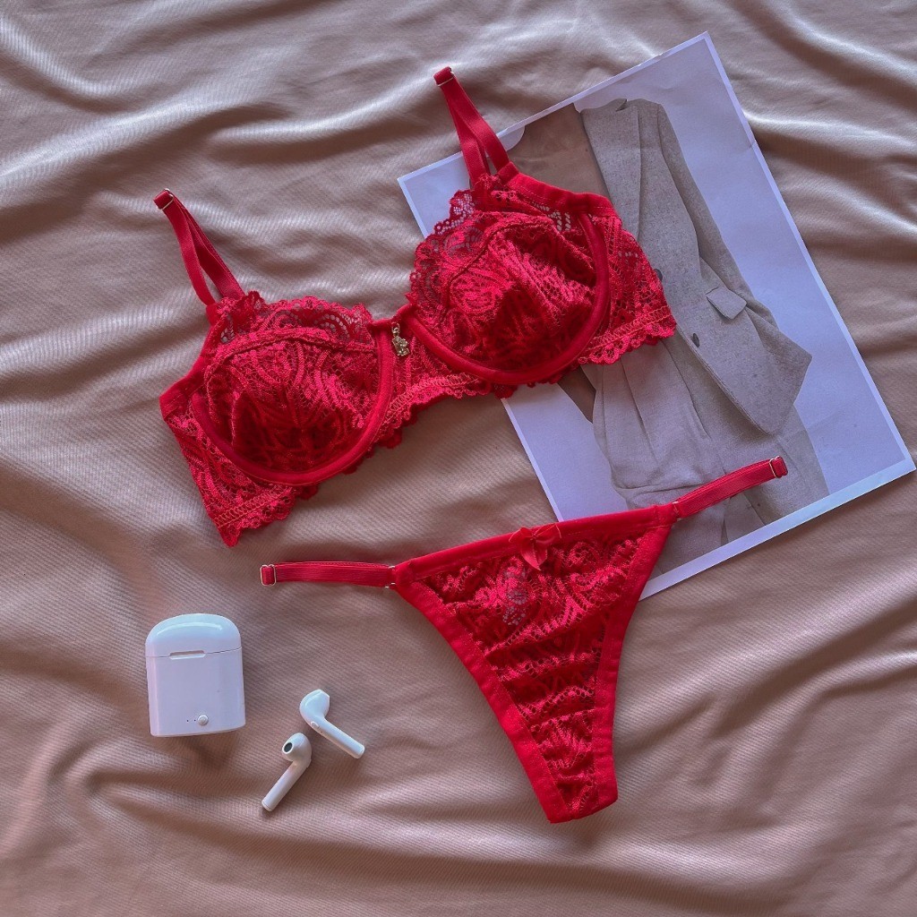 Conjunto lingerie em renda sem bojo com aro, alças reguláveis e calcinha fio - diversas cores e tamanho