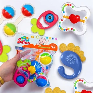 Brinquedos Para Bebê Kit com 4 pçs Chocalho e Mordedor Macio Colorido em Oferta na Shopee