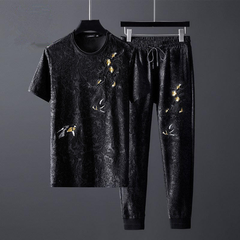 Luz de luxo High-End padrão escuro Jacquard Casual terno masculino na moda bonito calças esportivas de manga curta terno