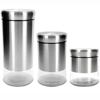 Jogo 3 Potes Mantimentos Inox com Vidro Vítreo - Mimo Style