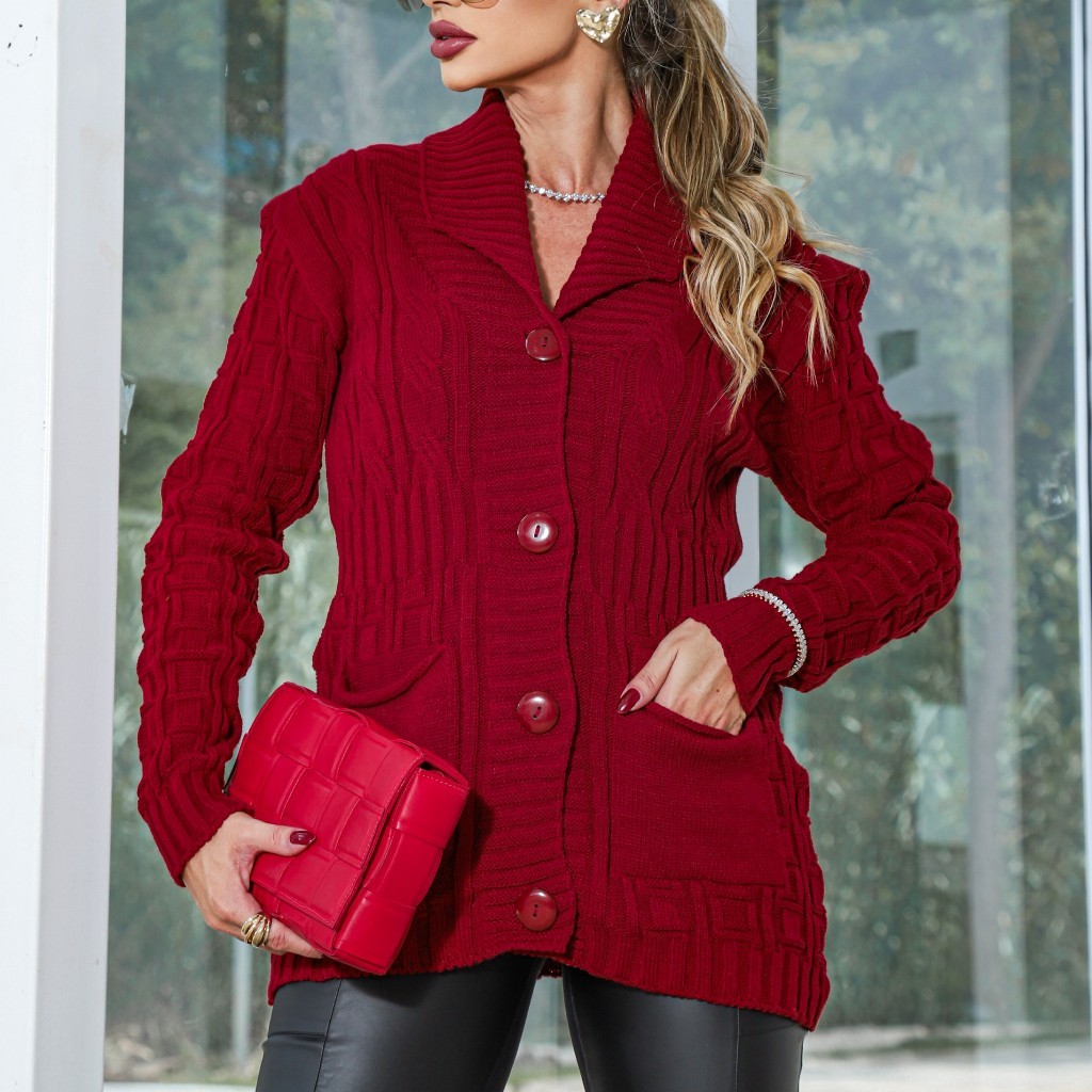 Tricot Blusa De Frio Sobretudo Casaco De Lã Feminino Com Botão E