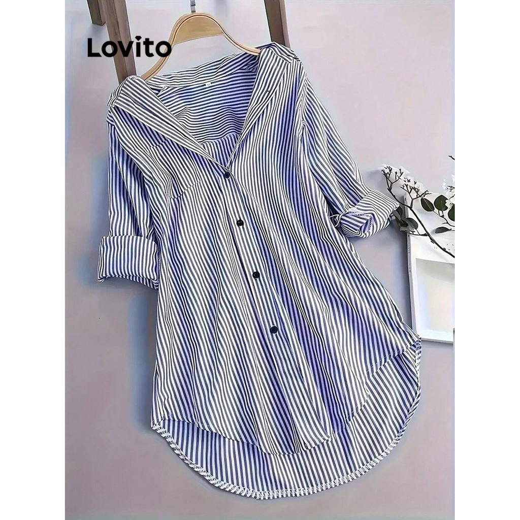 Lovito Blusa casual listrada com botão frontal Padrão para mulheres LBL14223