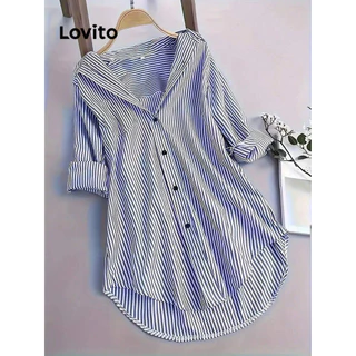 Lovito Blusa casual listrada com botão frontal Padrão para mulheres LBL14223