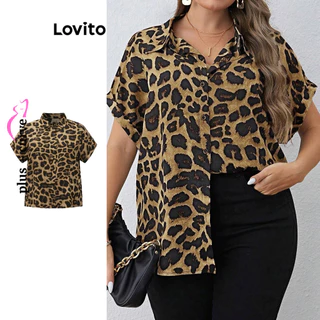 Lovito Blusa feminina casual com botão frontal plus size curva LBL14561