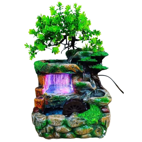 Fonte Água Decorativa Moinho Bonsai Cascata Led Cachoeira