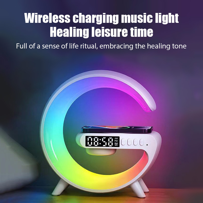 Lâmpada De Mesa De Som De Carregamento Sem Fio Rápido Rgb Relógio De Alarme De Longa Duração Da Bateria