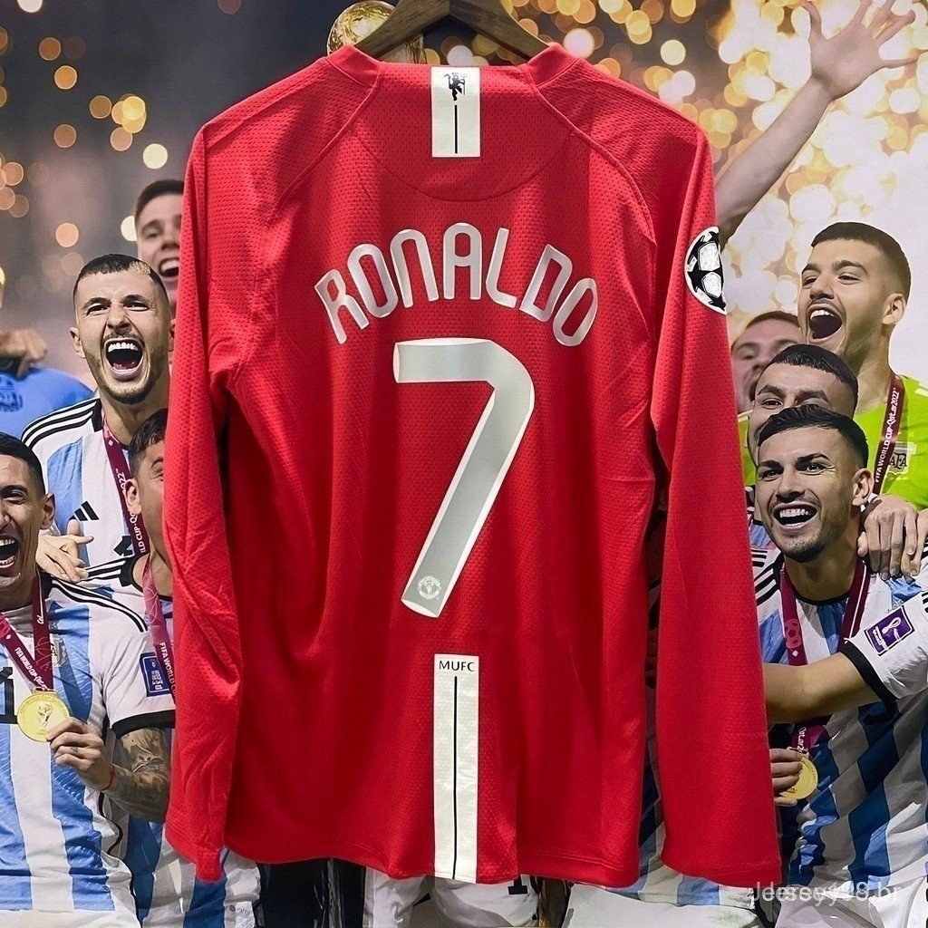 Manchester United 2007/08 Casa Retro manga comprida Camisa do Futebol (Liga dos Campeões) 7 # Ronaldo