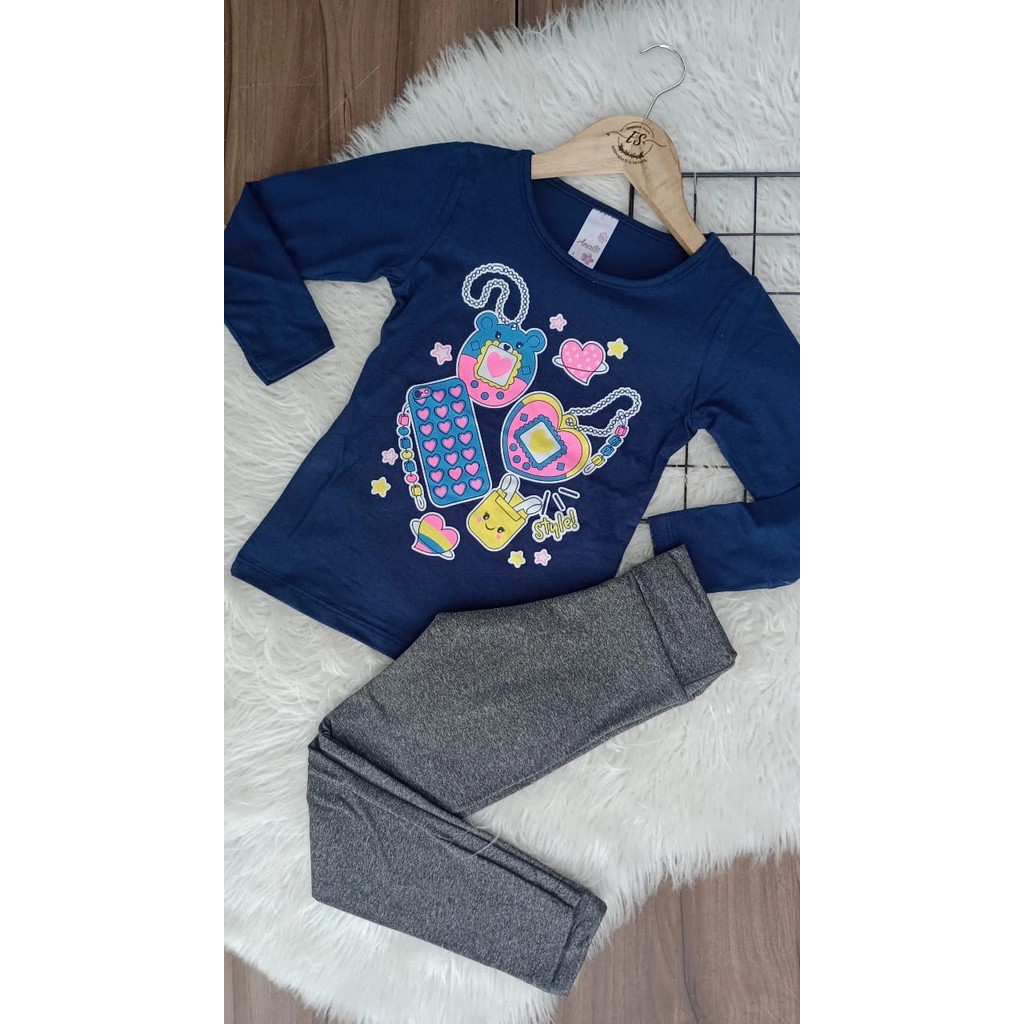 Conjunto infantil menina inverno meia estação azul blusa manga