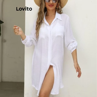 Lovito Kimono boho liso frontal com botão para mulheres LNL77255