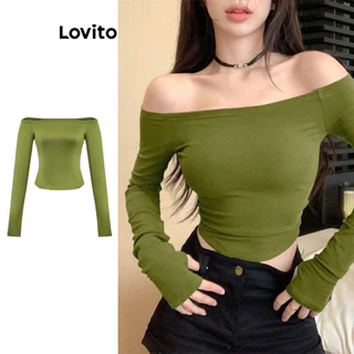 Lovito Camiseta elegante lisa de ombro frio para mulheres L95ED395