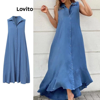 Lovito Vestido casual simples com botões frontais para mulheres LNL77274