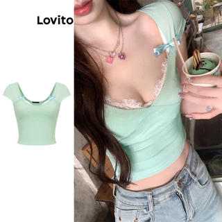 Lovito Camiseta de renda falsa 2 em 1 com laço frontal simples e fofa para mulheres L102AD121