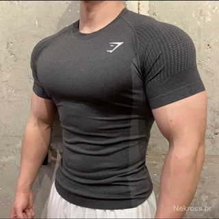Tubarão de manga curta gymshark esporte masculino fitness t-shirt collants de compressão