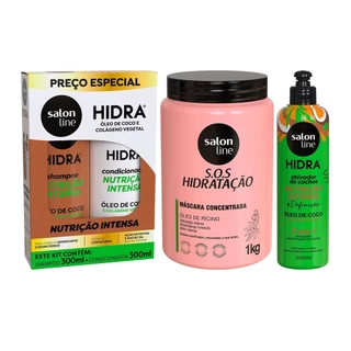 Kit com Shampoo, Condicionador, Ativador de Cachos Hidra Coco + Máscara SOS Hidratação Turbinada Salon Line em Oferta na Shopee