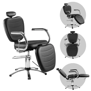 Cadeira de Cabeleireiro Maquiagem Estética Barbearia Preta Hidráulica Encosto Reclinável e Apoio de Pernas Make Dompel