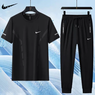 Fato Esportivo Ice Silk Sports Suit Homens Summer Quick-Drying Running Loose Casual Calças Finas Conjunto de 2 peças