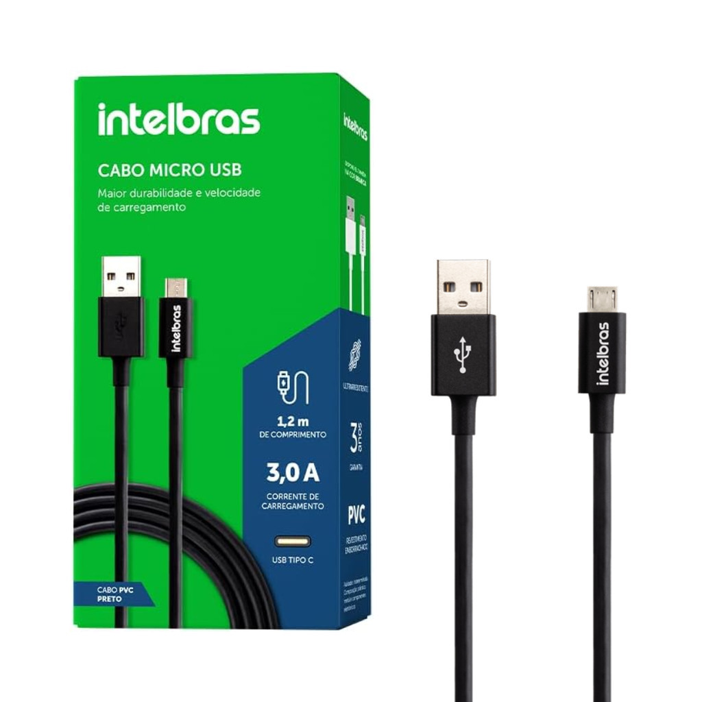 Cabo USB Micro USB 1,2m PVC Preto Intelbras EUAB 12 PP Smartphones Computadores Dispositivos Versátil Durável