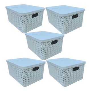 Kit 5 Cesto Caixa Organizadora Rattan 7,5l Branca Com Tampa
