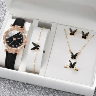 Relógio de Quartzo com Discagem Digital de Quartzo com Diamante Simples + Conjunto de Jóias Borboleta