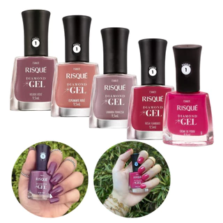 Kit 5 Esmalte Risque Diamond Gel Nude e Rosa Tons da Moda Manicure