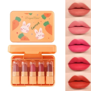 Caixa de cinco peças Conjunto de Batom Mini Batom Pequeno Batom Brilho Labial Fofo Fácil de transportar Copo Antiaderente Sem Desbotamento Conjunto de Batom Vermelho Bege Nu Fácil de Colorir