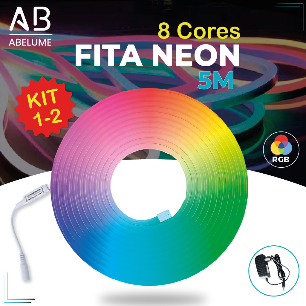 Fita de LED Mangueira Neon 5 Metros IP65 Flexível Com ou Sem Fonte | 8 Cores