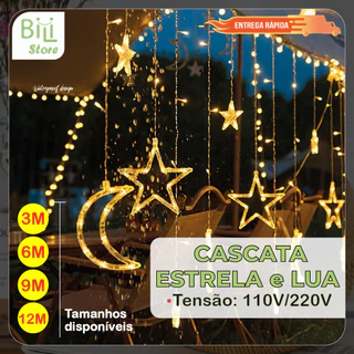 12 Metros Pisca Pisca Fio de Fada LED c/ Cascata de luzes Estrela e Lua 9W Cortina com 8 modos de luz Branco Quente 110V ou 220V