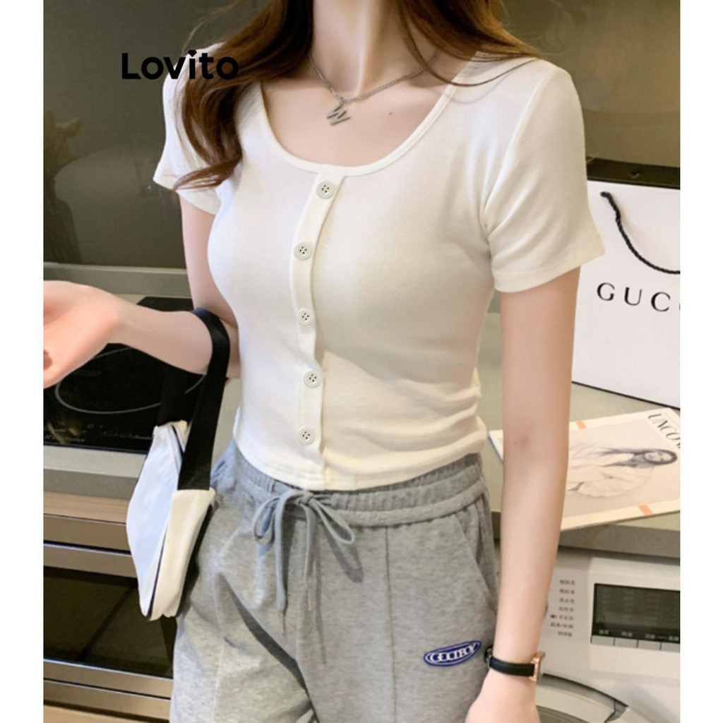 Lovito Casual Camiseta Liso com Botões para Mulheres LNE43012