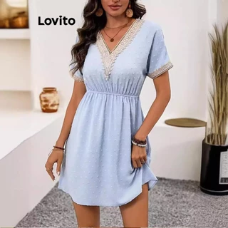 Lovito Vestido elegante plissado de renda lisa para mulheres LNL74403