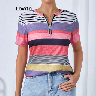 Lovito Camiseta feminina casual listrada com zíper geométrico LBL16502