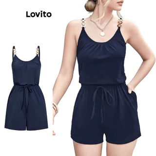 Lovito Macacão casual simples de metal com corrente e amarração frontal para mulheres L100MD109