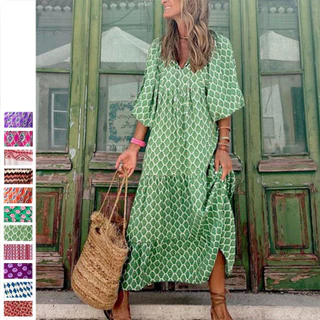 Bohemia em mangas de lanterna com decote em v Vestido impresso sexy saia longa para feminina (verde/vermelho/azul)