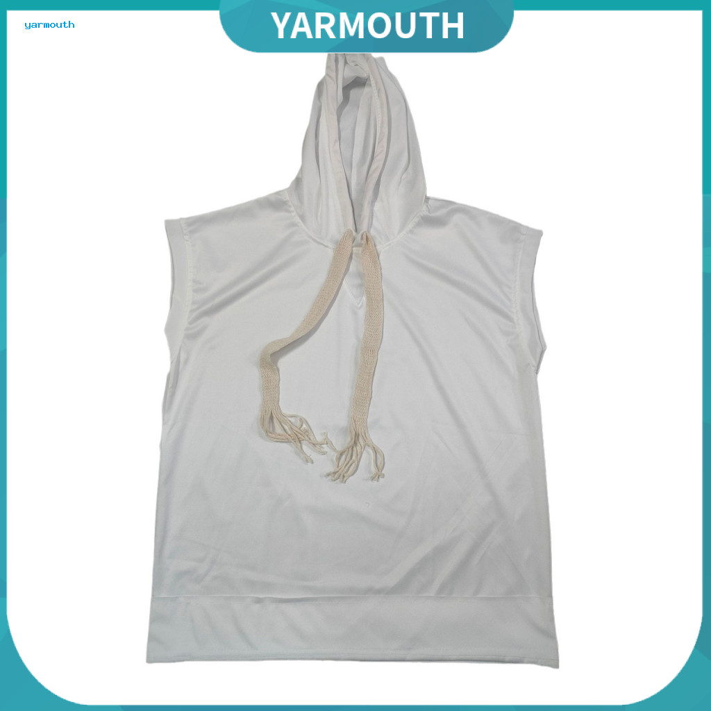 Men Loose Vest Sleeveless Hooded Top Men's Tank Streetwear Hip Hop Sports Hoodie Summer Casual Pullover with Drawstring and Curled Edge