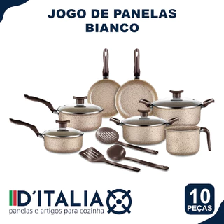 Jogo de Panelas 10 Peças Teflon Antiaderente Tampa De Vidro e Utensílios Cor:Bianco