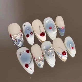 Handmade Amêndoa Forma Verão Gelo Claro Fresco Doce Menina Cereja Conjunto De Unhas Falsas Com Cola weetheart Spicy Girl