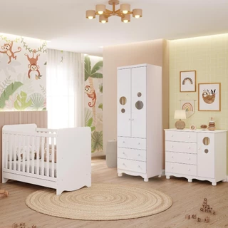 Quarto Bebê Completo Berço Americano Ben 3 em 1 Guarda Roupas 2 Portas Cômoda Bolinha 100% MDF em Oferta na Shopee