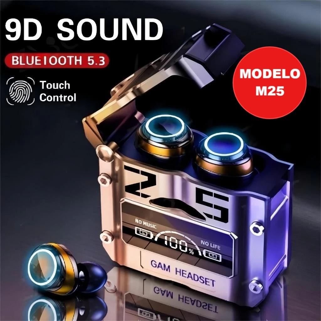 Fone De Ouvido TWS M25 Bluetooth 5.3 Sem Fio Resistente a água Stereo Sports Earbuds LED Microphone