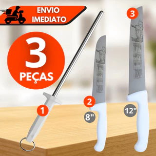 Kit Facas 8” + 12" + Chaira Aço Inox – Atacado para Cozinhas Ideal para Carnes e Churrascos.