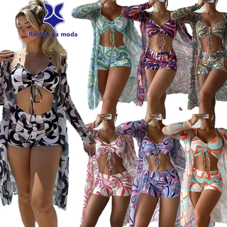 2024 Fato de banho europeu-americano Fato de banho feminino de três peças com três peças de cintura alta ins Blusa de manga comprida Desenho Influenciador